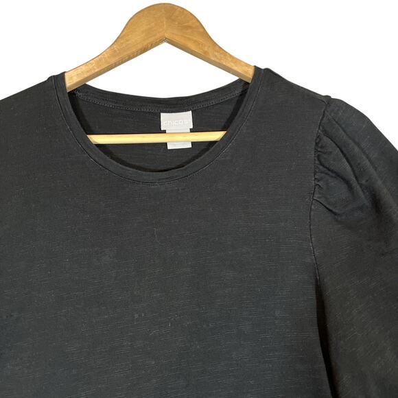 CHICO'S Tee Shirt Women's 1/Medium Black Laser Cut Eyelet 3/4 Sleeve Slub Cotton - Picture 3 of 9